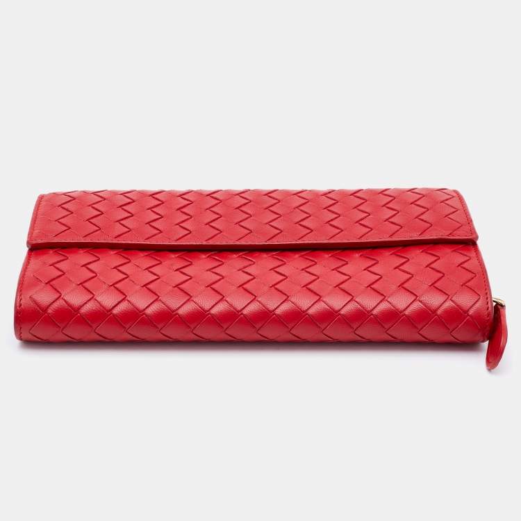 Pre Owned Bottega Veneta Red Intrecciato Leather Continental Flap Wallet
