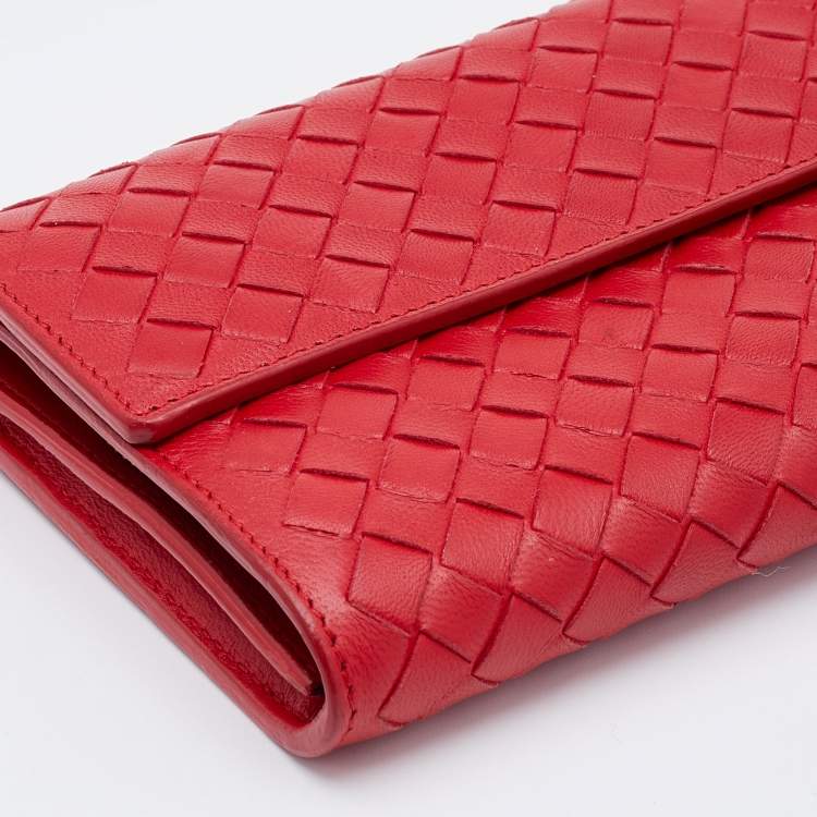 Pre Owned Bottega Veneta Red Intrecciato Leather Continental Flap Wallet