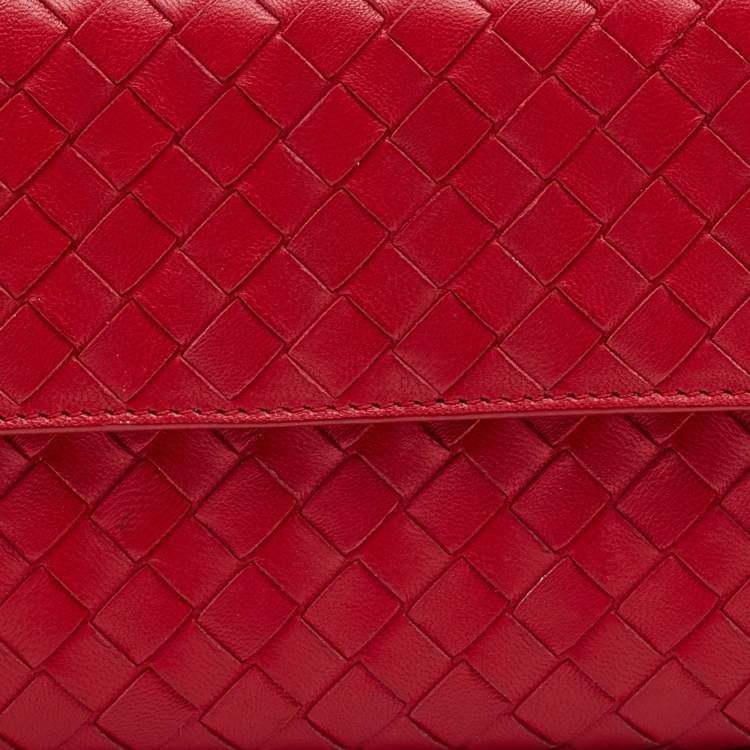 Pre Owned Bottega Veneta Red Intrecciato Leather Continental Flap Wallet