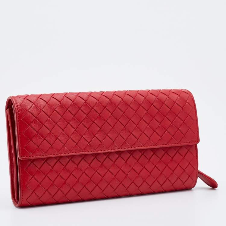 Pre Owned Bottega Veneta Red Intrecciato Leather Continental Flap Wallet
