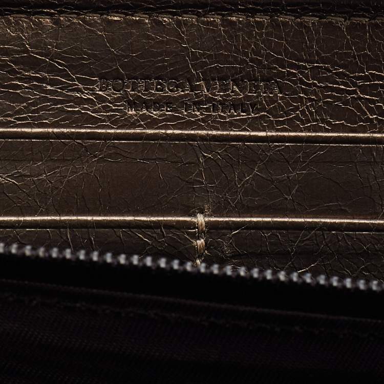 Pre Owned Bottega Veneta Metallic Beige Intrecciato Leather Zip Around Wallet