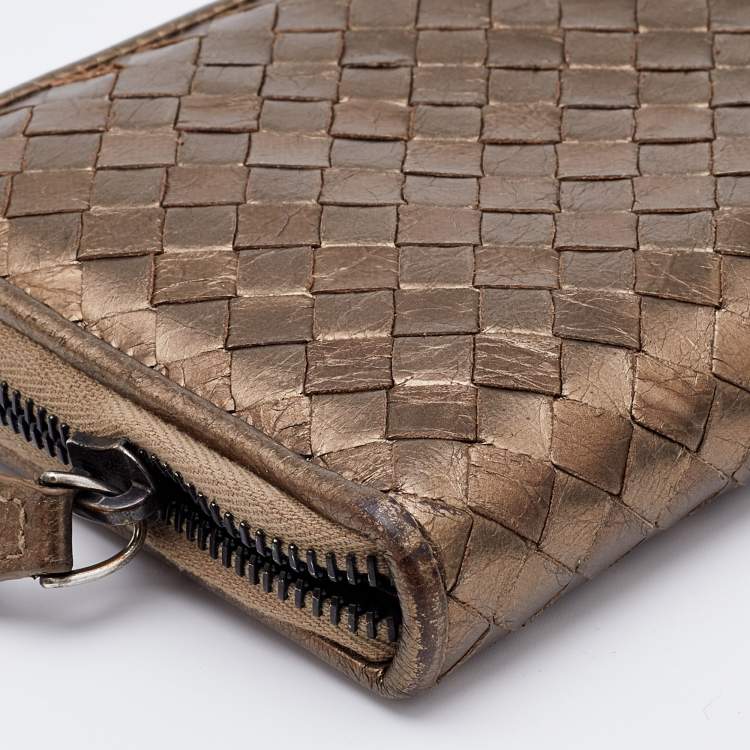Pre Owned Bottega Veneta Metallic Beige Intrecciato Leather Zip Around Wallet