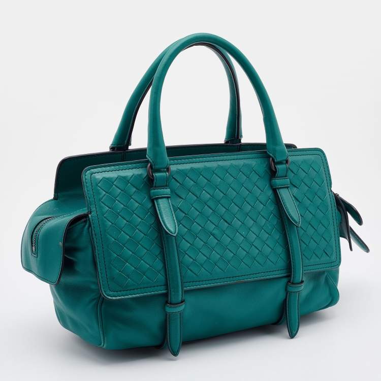 Pre Owned Bottega Veneta Turquoise Intrecciato Leather Monaco Satchel