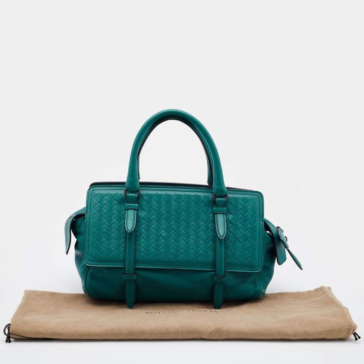 Pre Owned Bottega Veneta Turquoise Intrecciato Leather Monaco Satchel