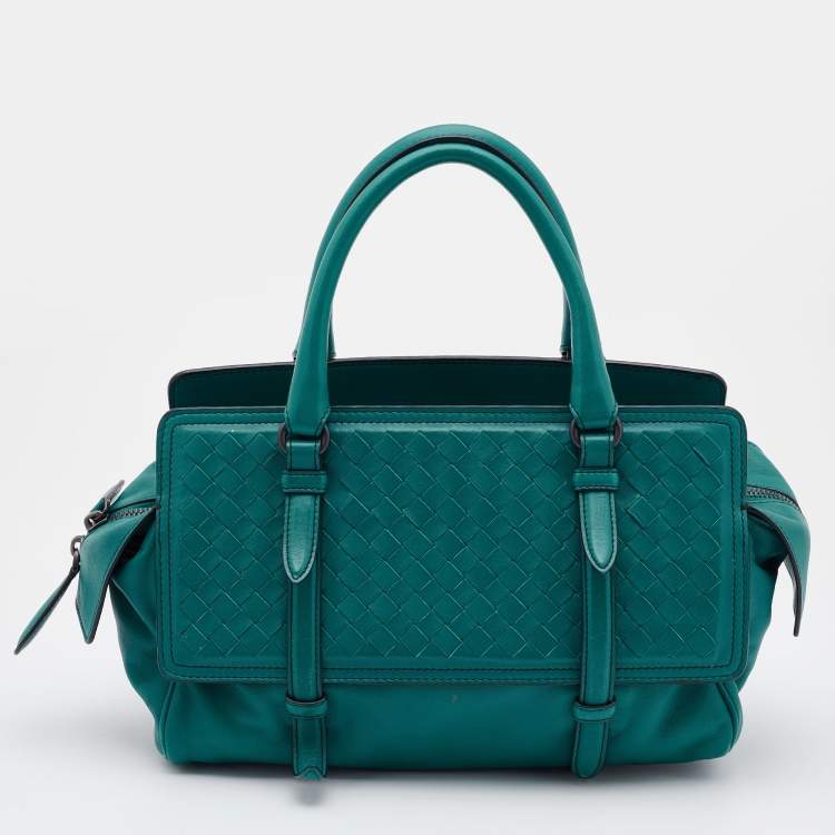 Pre Owned Bottega Veneta Turquoise Intrecciato Leather Monaco Satchel