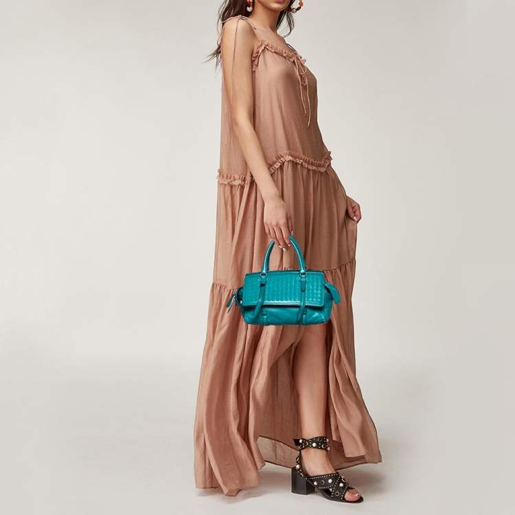 Pre Owned Bottega Veneta Turquoise Intrecciato Leather Monaco Satchel