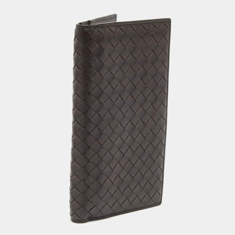 Pre Owned Bottega Veneta Dark Brown Intrecciato Leather Bifold Wallet