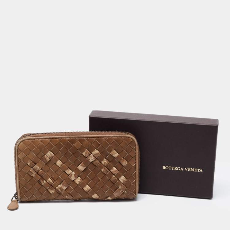 Pre Owned Bottega Veneta Brown Intrecciato Leather Zip Around Wallet