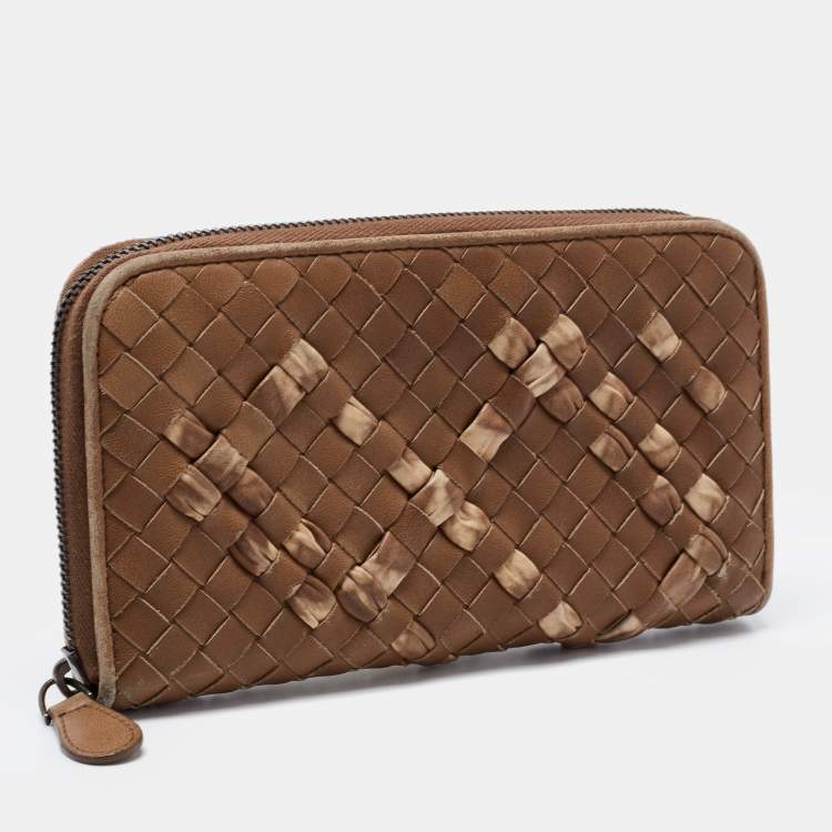 Pre Owned Bottega Veneta Brown Intrecciato Leather Zip Around Wallet
