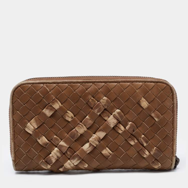 Pre Owned Bottega Veneta Brown Intrecciato Leather Zip Around Wallet