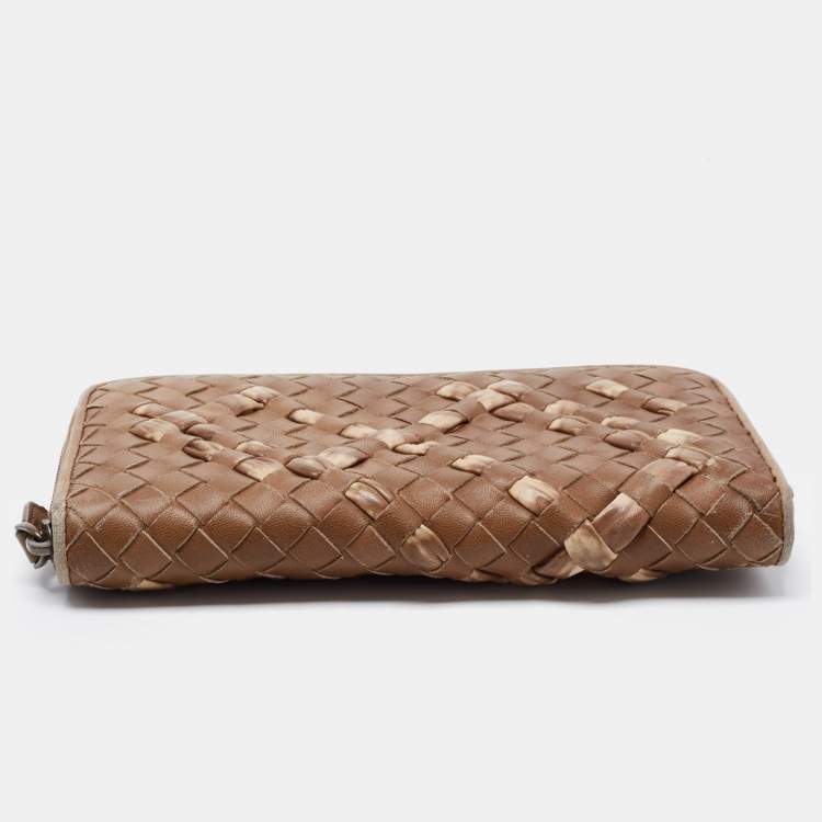 Pre Owned Bottega Veneta Brown Intrecciato Leather Zip Around Wallet