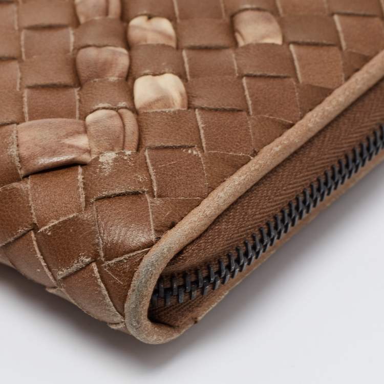 Pre Owned Bottega Veneta Brown Intrecciato Leather Zip Around Wallet
