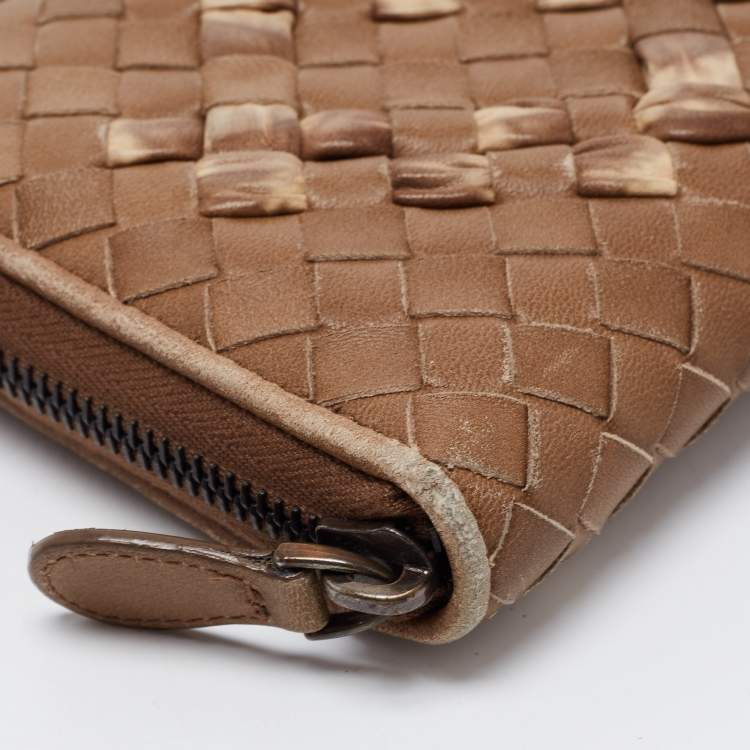 Pre Owned Bottega Veneta Brown Intrecciato Leather Zip Around Wallet