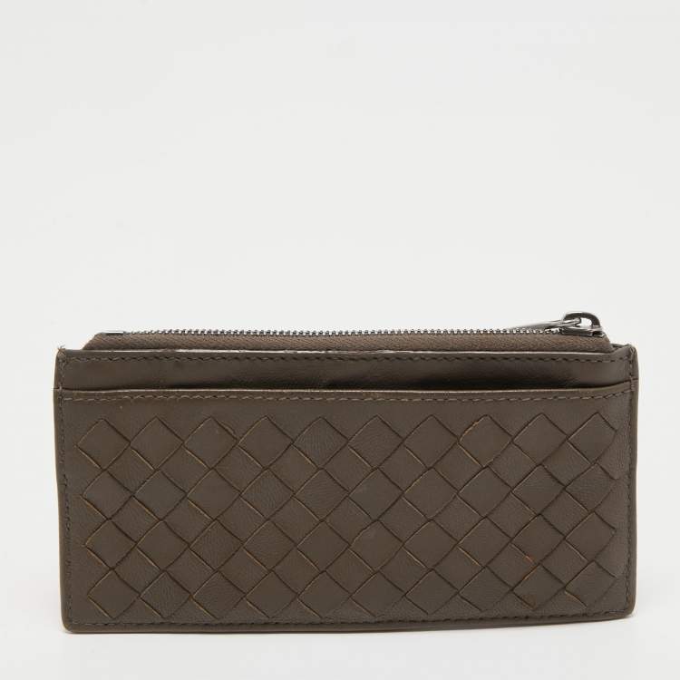 Pre Owned Bottega Veneta Brown/Yellow Intrecciato Leather Zip Card Holder