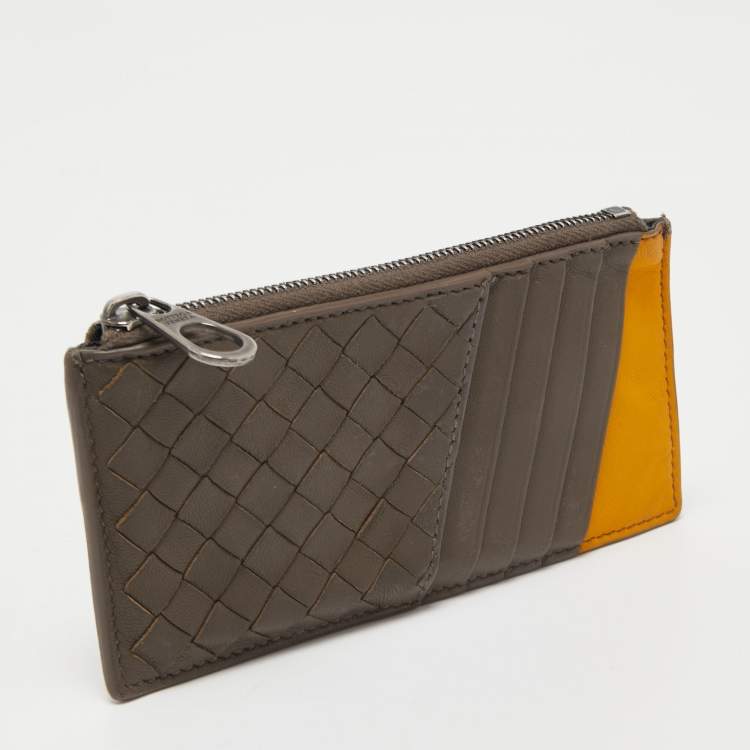 Pre Owned Bottega Veneta Brown/Yellow Intrecciato Leather Zip Card Holder