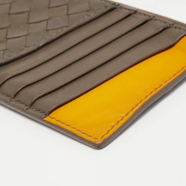 Pre Owned Bottega Veneta Brown/Yellow Intrecciato Leather Zip Card Holder