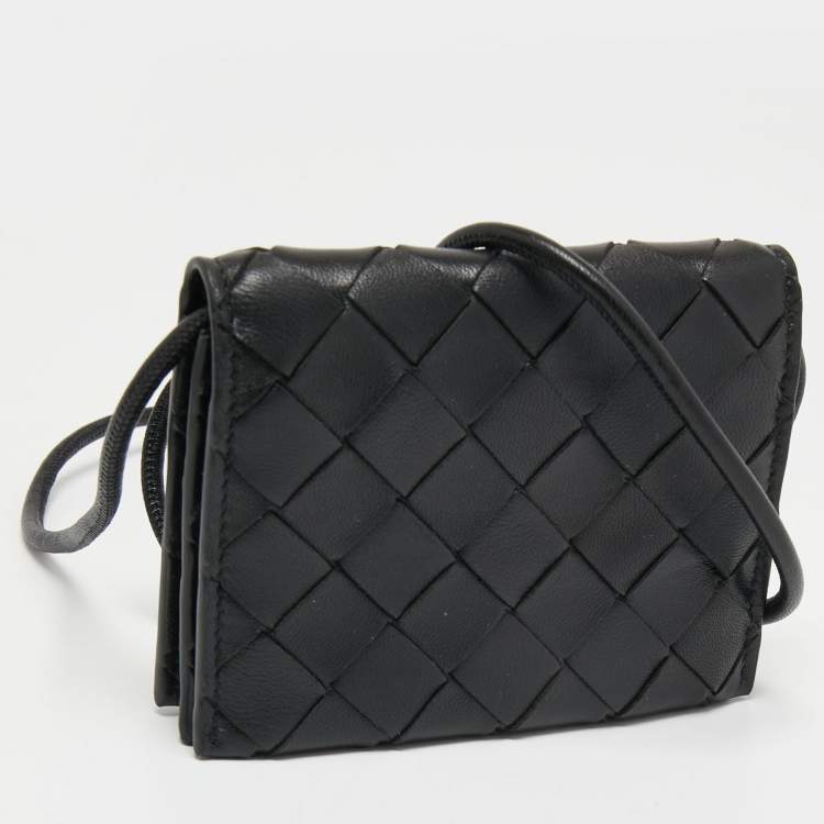Pre Owned Bottega Veneta Black Intrecciato Leather Wallet On Strap