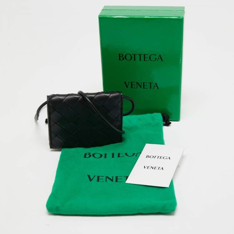 Pre Owned Bottega Veneta Black Intrecciato Leather Wallet On Strap