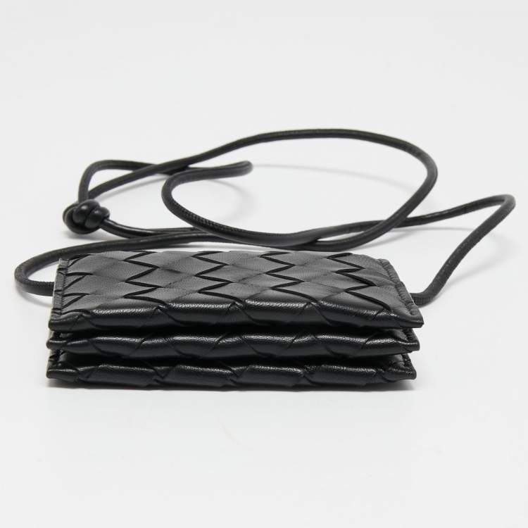 Pre Owned Bottega Veneta Black Intrecciato Leather Wallet On Strap