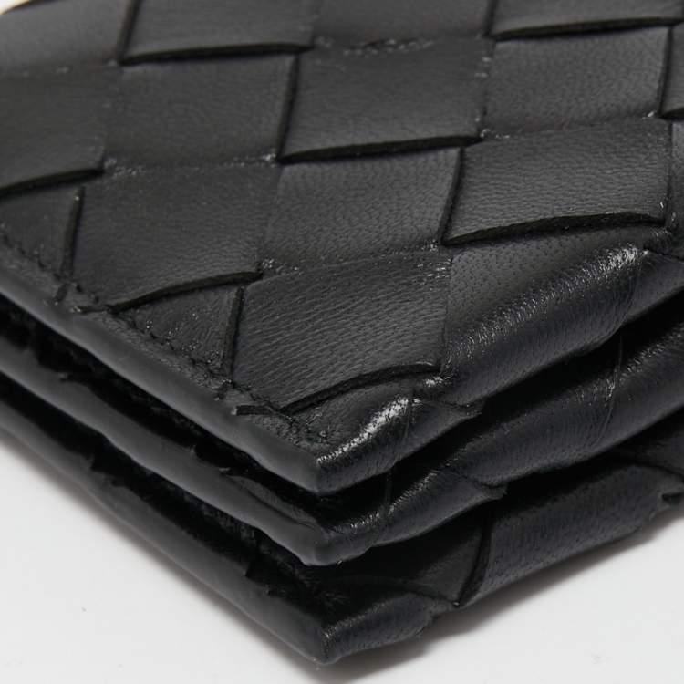 Pre Owned Bottega Veneta Black Intrecciato Leather Wallet On Strap