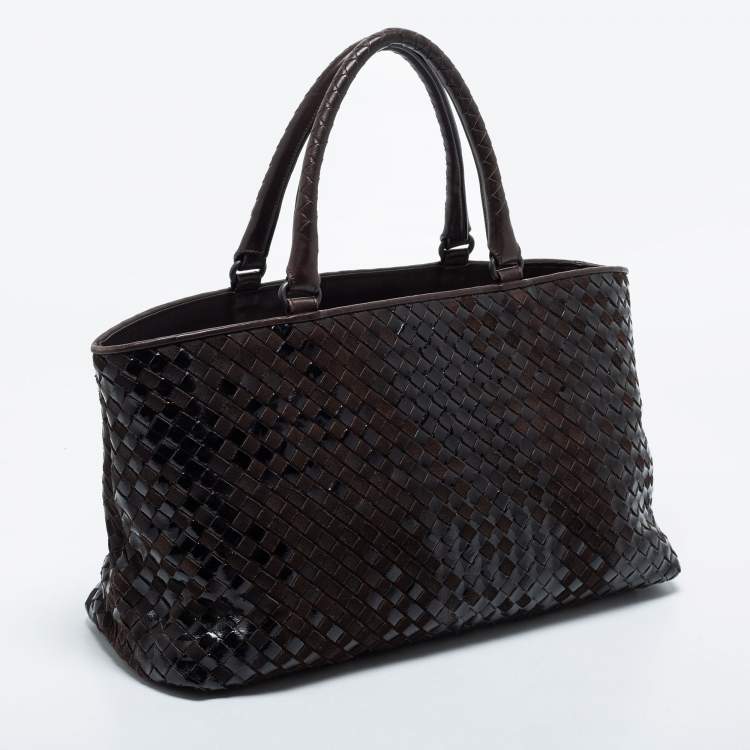 Pre Owned Bottega Veneta Brown/Black Intrecciato Patent Leather and Suede Cabat Tote