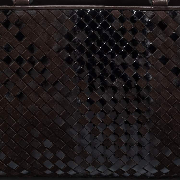 Pre Owned Bottega Veneta Brown/Black Intrecciato Patent Leather and Suede Cabat Tote