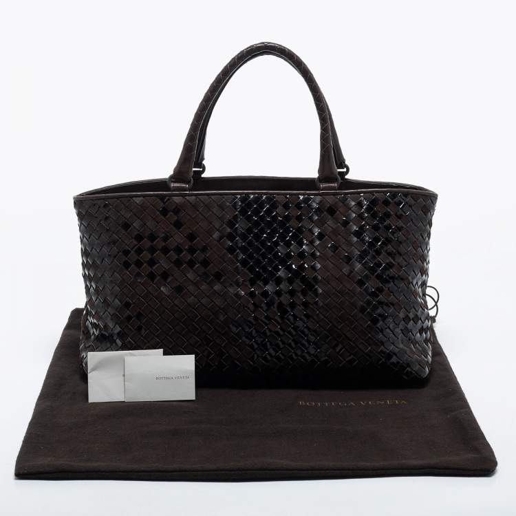 Pre Owned Bottega Veneta Brown/Black Intrecciato Patent Leather and Suede Cabat Tote