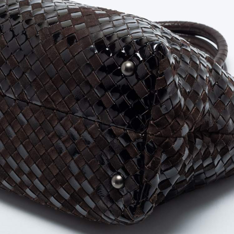 Pre Owned Bottega Veneta Brown/Black Intrecciato Patent Leather and Suede Cabat Tote