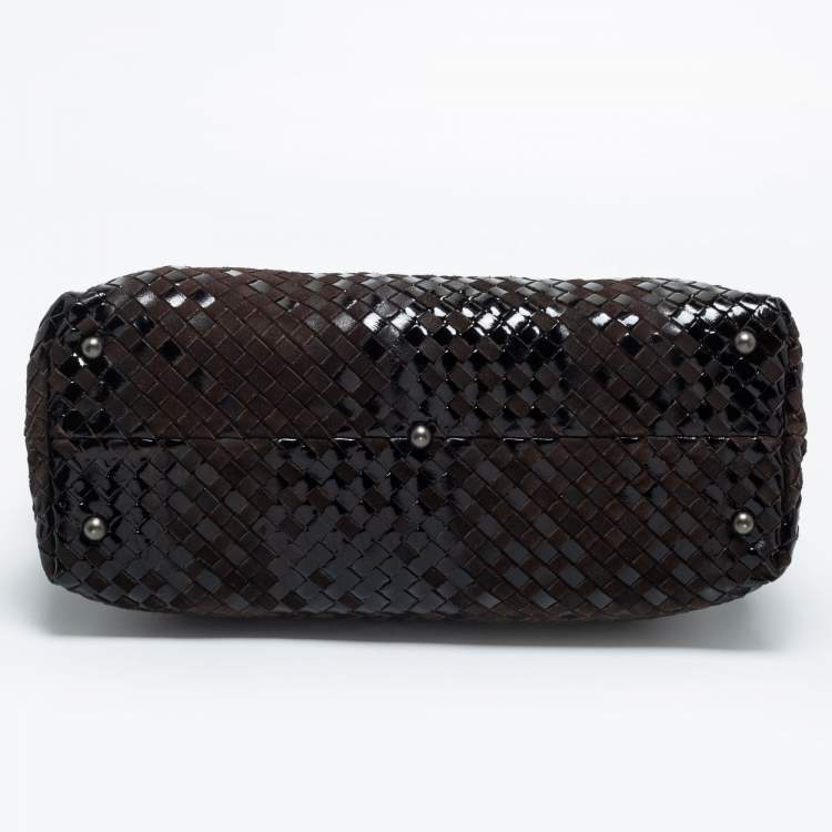 Pre Owned Bottega Veneta Brown/Black Intrecciato Patent Leather and Suede Cabat Tote