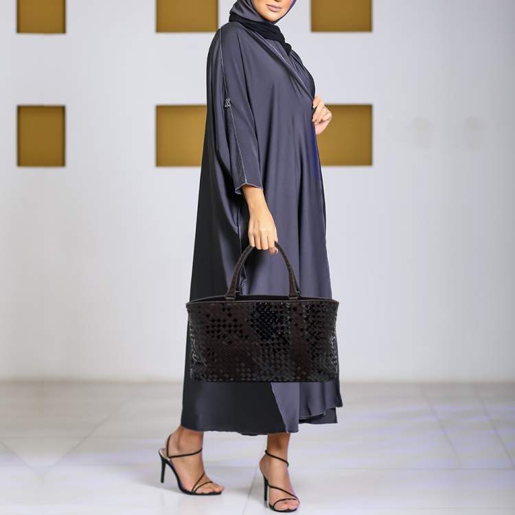 Pre Owned Bottega Veneta Brown/Black Intrecciato Patent Leather and Suede Cabat Tote