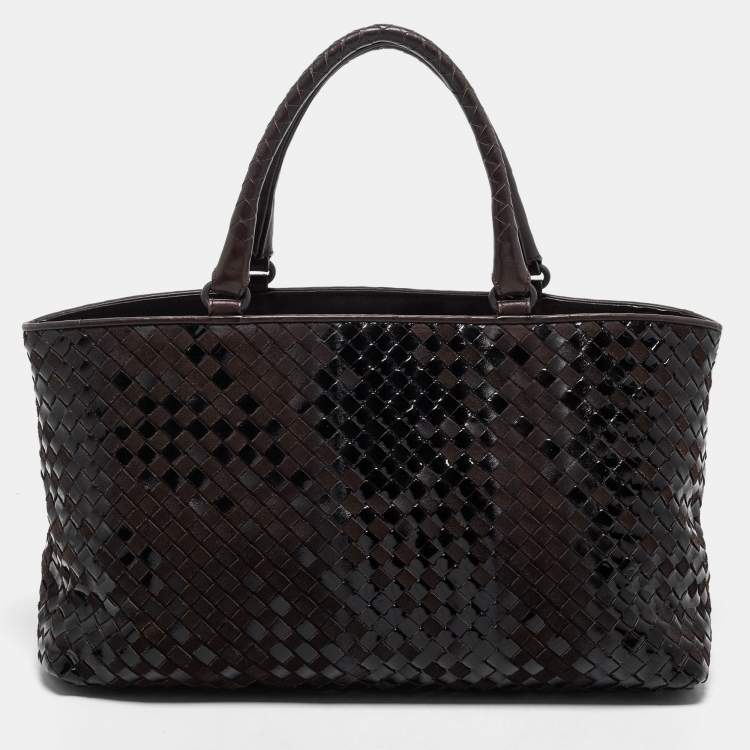 Pre Owned Bottega Veneta Brown/Black Intrecciato Patent Leather and Suede Cabat Tote
