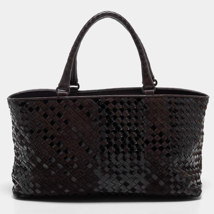 Pre Owned Bottega Veneta Brown/Black Intrecciato Patent Leather and Suede Cabat Tote