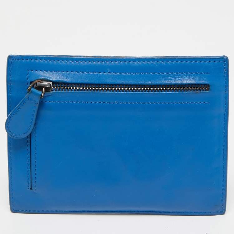 Pre Owned Bottega Veneta Blue Intrecciato Leather Card Holder 