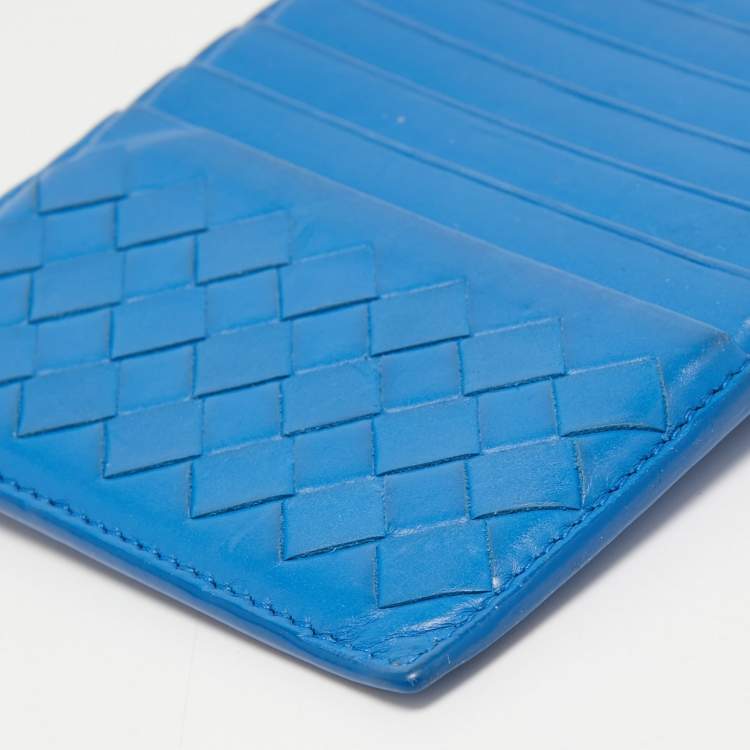 Pre Owned Bottega Veneta Blue Intrecciato Leather Card Holder 