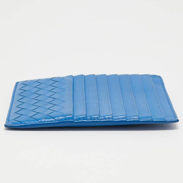 Pre Owned Bottega Veneta Blue Intrecciato Leather Card Holder 