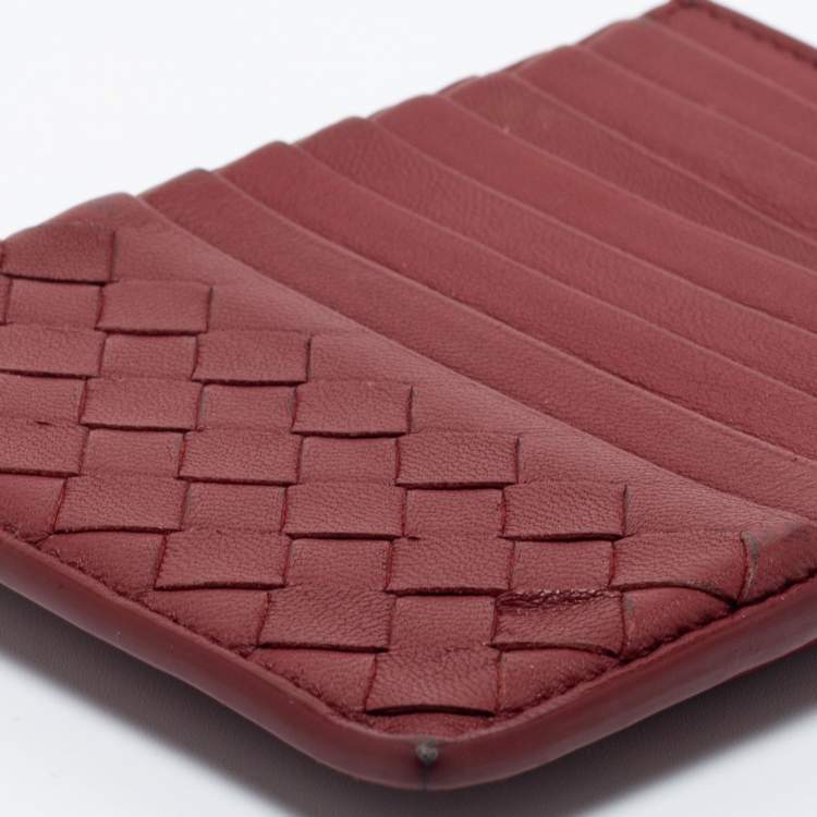 Pre Owned Bottega Veneta Red Leather Zip Card Holder
