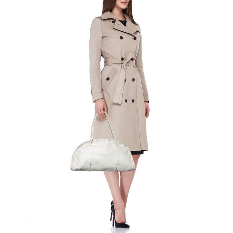 Pre Owned Bottega Veneta White Leather Braided Edge Satchel