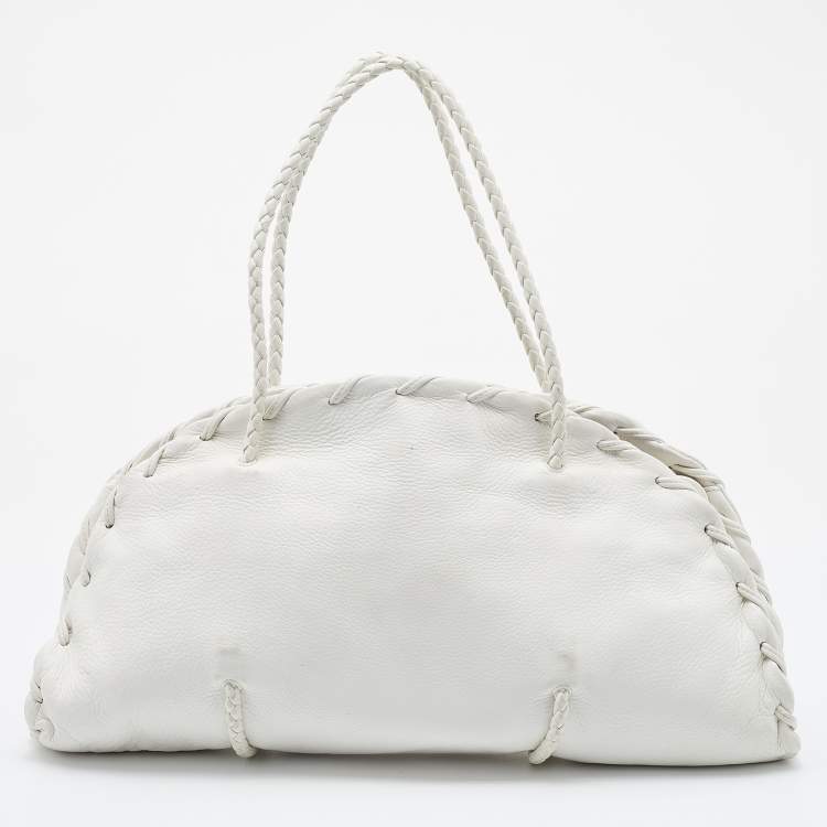 Pre Owned Bottega Veneta White Leather Braided Edge Satchel