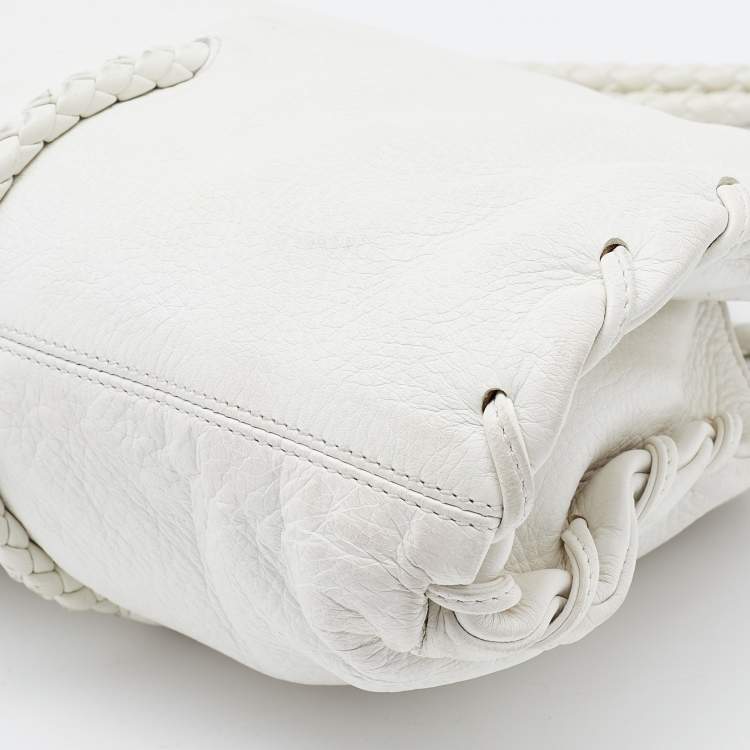 Pre Owned Bottega Veneta White Leather Braided Edge Satchel