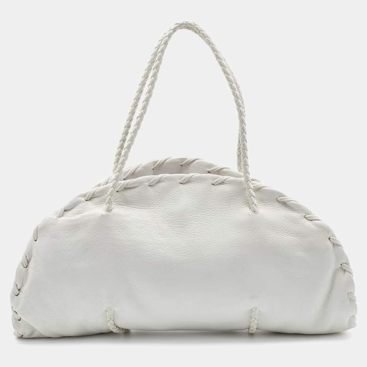 Pre Owned Bottega Veneta White Leather Braided Edge Satchel