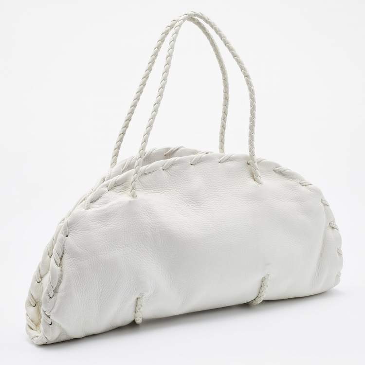 Pre Owned Bottega Veneta White Leather Braided Edge Satchel