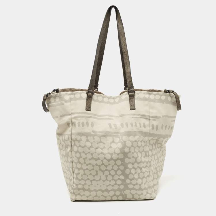 Pre Owned Bottega Veneta Cream/Grey Canvas Maxi All Over Tote
