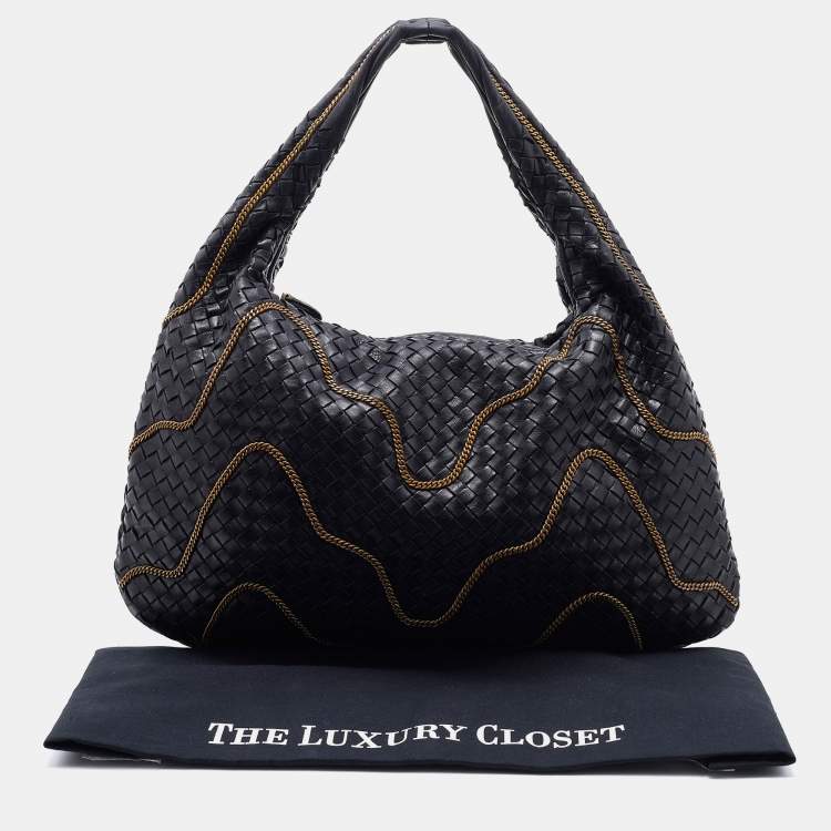 Pre Owned Bottega Veneta Black Intrecciato Leather Chain Link Veneta Hobo