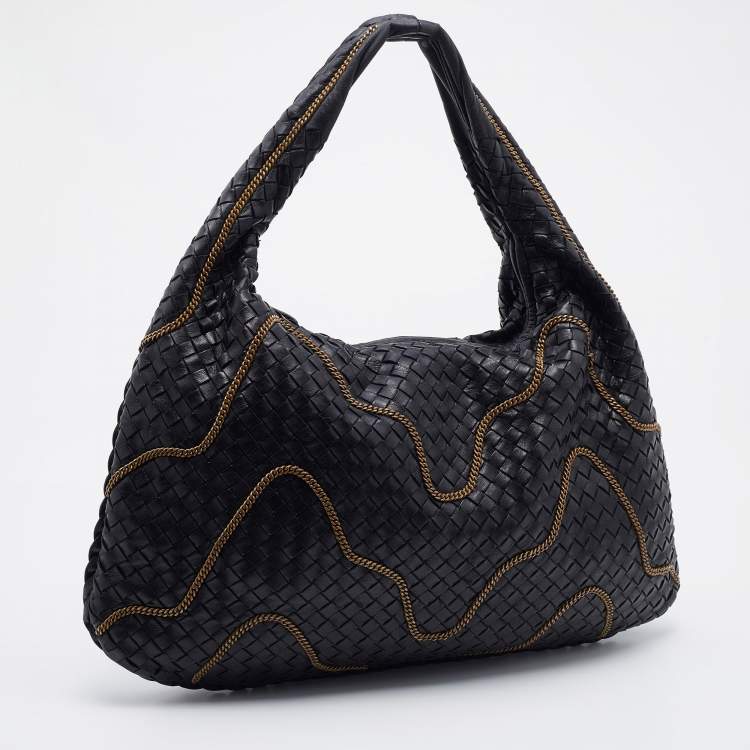 Pre Owned Bottega Veneta Black Intrecciato Leather Chain Link Veneta Hobo