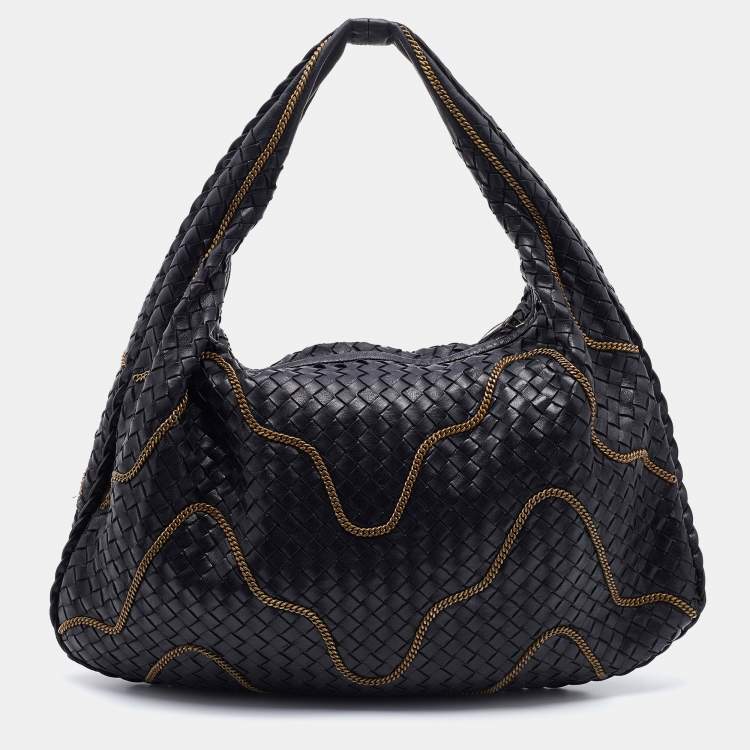 Pre Owned Bottega Veneta Black Intrecciato Leather Chain Link Veneta Hobo