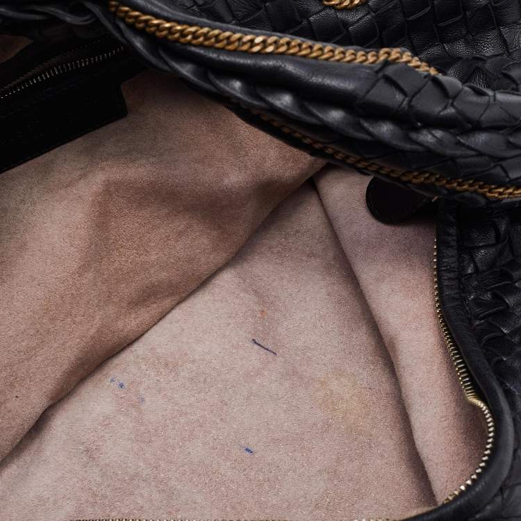 Pre Owned Bottega Veneta Black Intrecciato Leather Chain Link Veneta Hobo