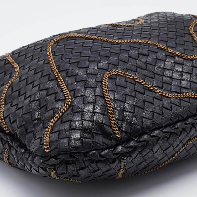Pre Owned Bottega Veneta Black Intrecciato Leather Chain Link Veneta Hobo