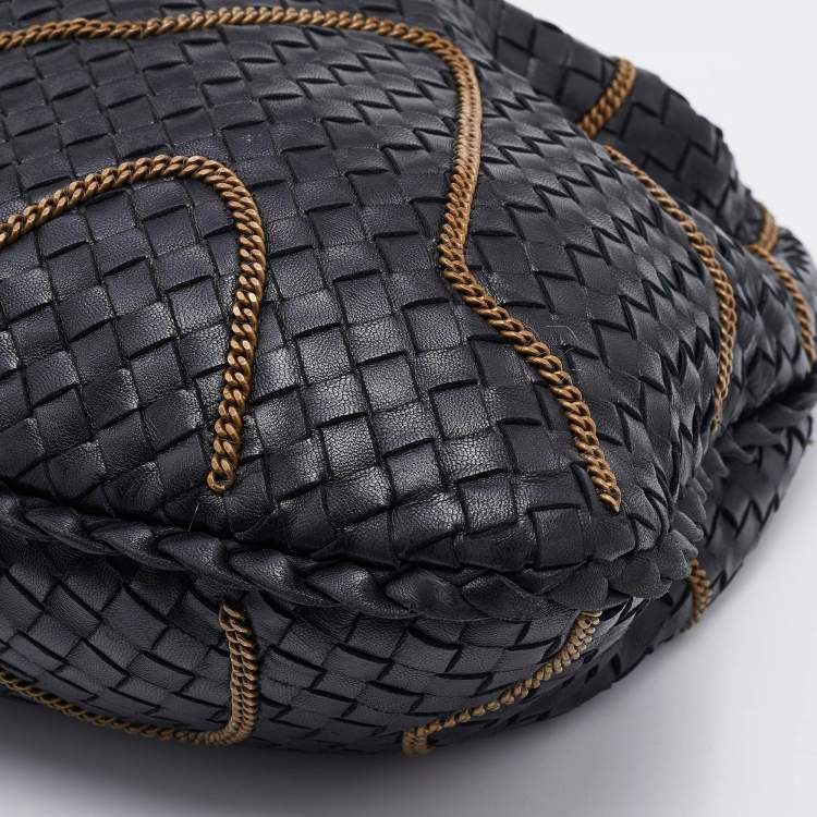 Pre Owned Bottega Veneta Black Intrecciato Leather Chain Link Veneta Hobo