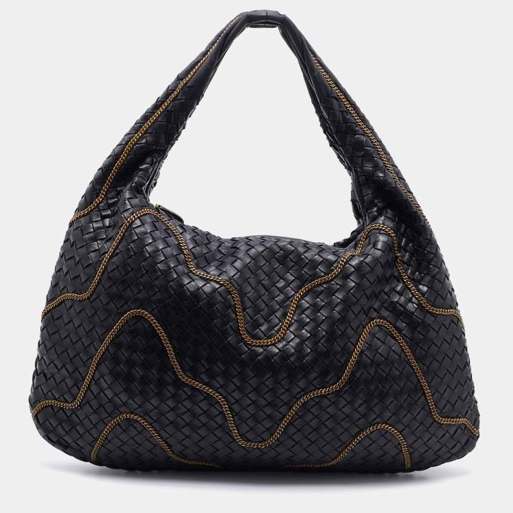 Pre Owned Bottega Veneta Black Intrecciato Leather Chain Link Veneta Hobo