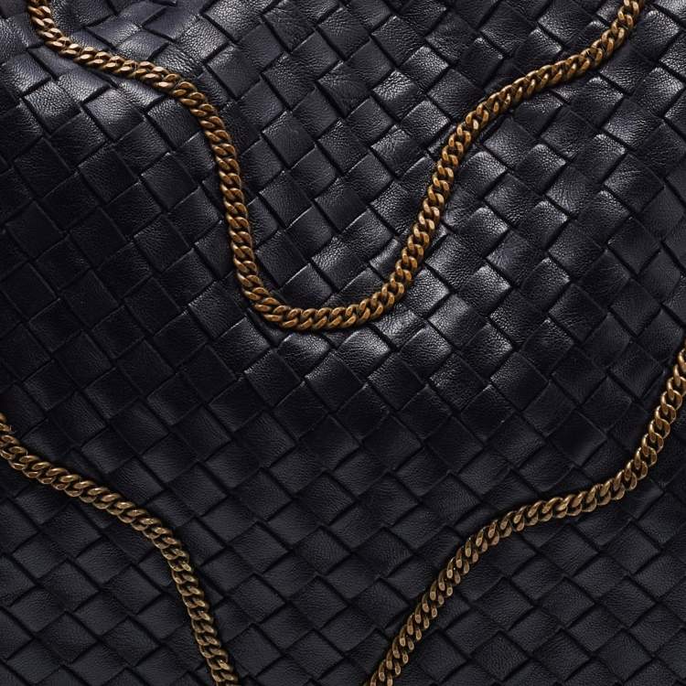 Pre Owned Bottega Veneta Black Intrecciato Leather Chain Link Veneta Hobo